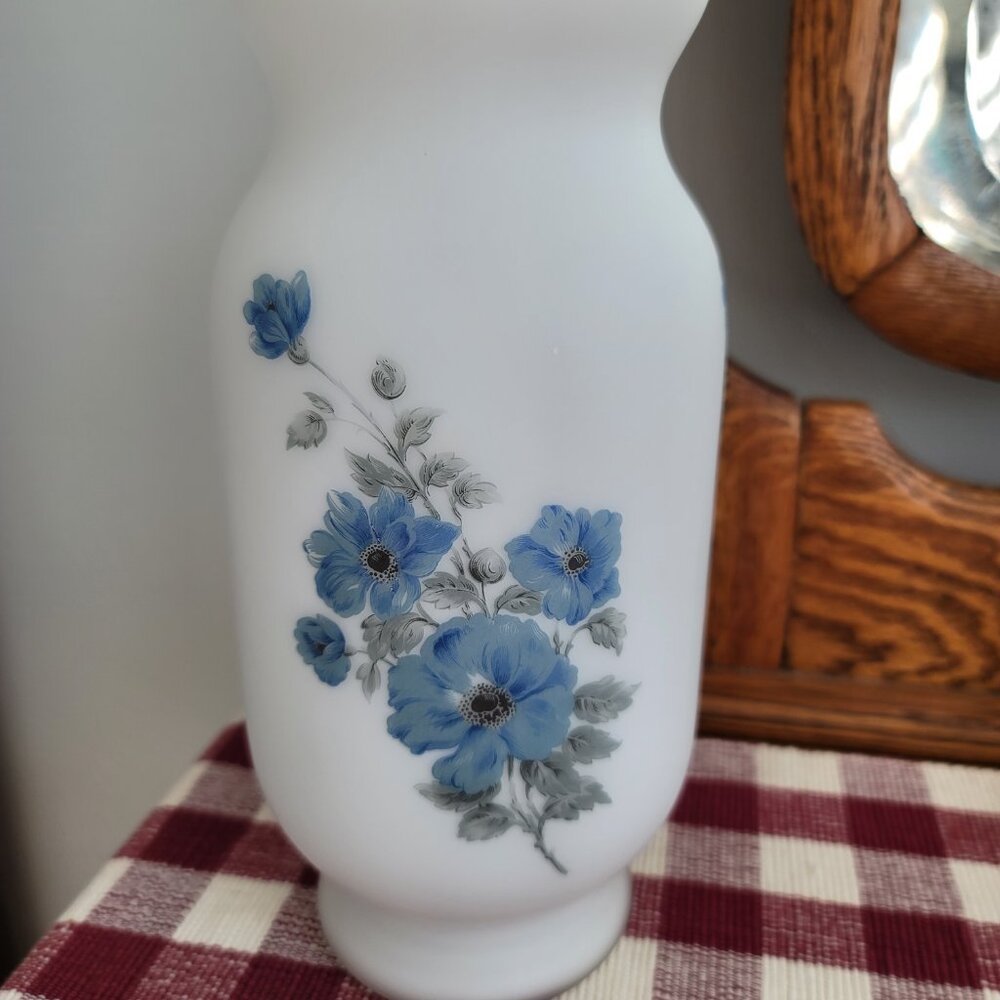 White Glass Vase with Blue Flowers-Retro